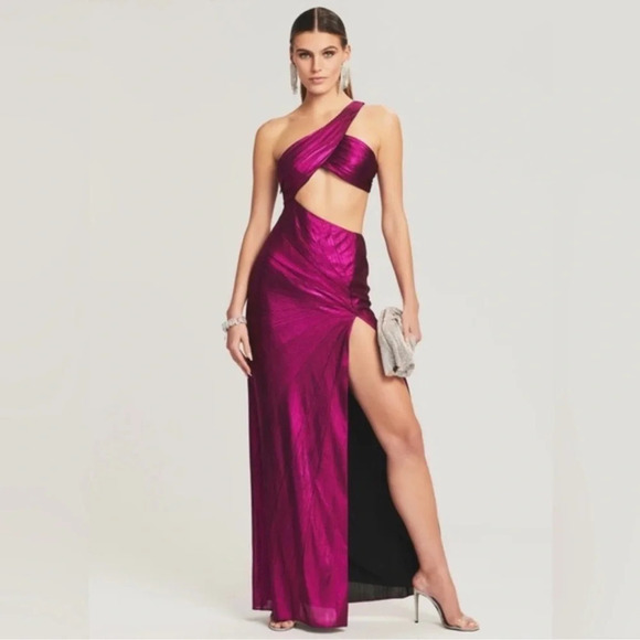 RETROFETE Galena Metallic Magenta One Shoulder Cutout Gown NWT M Formal Dress - Picture 11 of 16